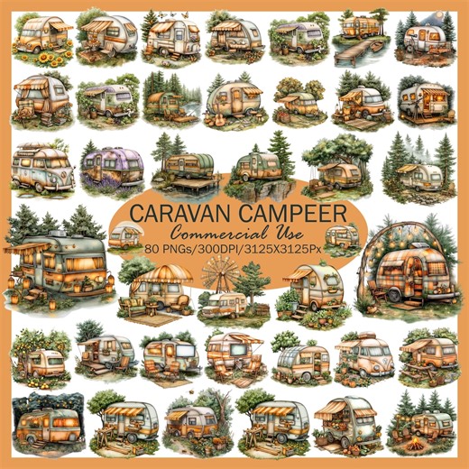 Vintage Caravan Camper Clipart Bundle, Boho RV Illustrations (commercial Use) - Etsy