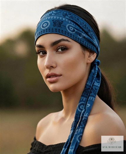 Blue Tapestry Tie Back Headband - Stylish Bohemian Head Scarf, Headbands for Women - Etsy