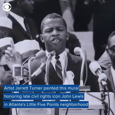 Artist Jarrett Turner painted this mural honoring late civil rights icon John Lewis. The artwork in Atlanta's Little Five Points neighborhood shows Lewis' mugshot and one of his most famous quotes. | CBS News