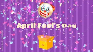 April fools day with head clown, confetti, surprise box and funny prank illustration Motion animation background design for april fools day event