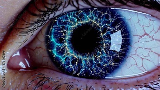 Electric blue iris with lightning filaments, white patient blinks and opens revealing microscopic cornea detail and vascular sclera ophthalmologist researcher examines biometric patterns