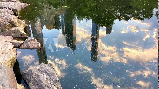 Pond Reflection of Clouds and New York Skyline in Central Park