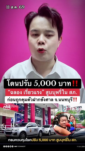 กรมควบคุมโรคปรับ 5,000 บาท “ฉลอง เรี่ยวแรง” สูบบุหรี่ใน สภ. ก่อนถูกคุมตัวฝากขังศาลจ.นนทบุรี (11 ส.ค. 2569) นายยุทธนา หอมเกตุ นักวิชาการสาธารณสุขชำนาญการพิเศษ เปิดเผยว่าเจ้าหน้าที่กรมควบคุมโรค กระทรวงสาธารณสุข ดำเนินการเปรียบเทียบปรับ นายฉลอง เรี่ยวแรง อดีตสมาชิกสภาผู้แทนราษฎรจังหวัดนนทบุรี ผู้ต้องหาคดียิงนายกองค์การบริหารส่วนจังหวัดนนทบุรี เป็นเงิน 5,000 บาท ฐานสูบบุหรี่ในสถานีตำรวจซึ่งเป็นเขตปลอดบุหรี่ตามพระราชบัญญัติควบคุมผลิตภัณฑ์ยาสูบ พร้อมปรับสถานีตำรวจอีก 3,000 บาท ฐานปล่อยปละละเลยให้มีการ