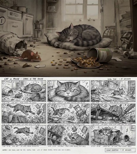 GPT Image 2 + Seedance 2 = cartoon chase scene.I wanted to see how far I could push storyboard-to-video consistency, so I created a full 15-second cat vs mouse sequence inside a completely destroyed house.The process was actually simple:- generated a 3x3 cinematic storyboard sheet in GPT Image 2- designed every frame like a real animation pre-production sketch- added camera directions, motion cues, timing notes, and destruction progression- used Seedance 2 to animate the entire sequence into one