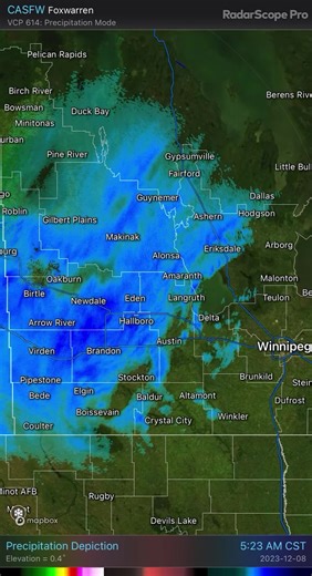 Snow continues to fall in Western and South Western MB at 7am. Radar loop over the last couple of hours shows where the snow is falling and accumulation is occurring. (The green at the start is rain in the Brandon area that turned to snow around 5:15am). Temperatures are hovering right around the freezing mark (0°) and wind is coming from the North. Latest models show moisture will move eastwards towards the city of Winnipeg later this afternoon into the evening. Temperatures across western Mani