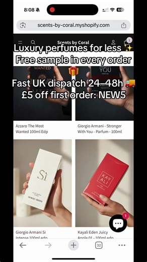 Finally live on my website 🥹✨ 350 verified reviews & fast dispatch. £5 off your first order with code NEW5 💕 Free sample in every order 🎁 #designerperfume #perfumelover #uksmallbusiness #shopifyuk #fragrancecommunity