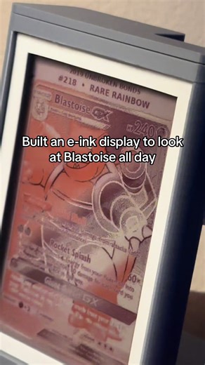 When Blastoise is your favorite Pokémon, you gotta go the extra mile. 🐢💧 Built this custom e-ink display so I can admire this absolute unit 24/7. E-ink uses barely any power and looks just like real paper—perfect for the desk setup. Available for free on makerworld with open source code on GitHub! What Pokémon should I load onto this next? Let me know in the comments! 👇 #pokemon #blastoise #eink #diytech #techproject