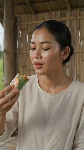 🏡🦐 Fresh Shrimp Spring Rolls Near a Bamboo Hut —