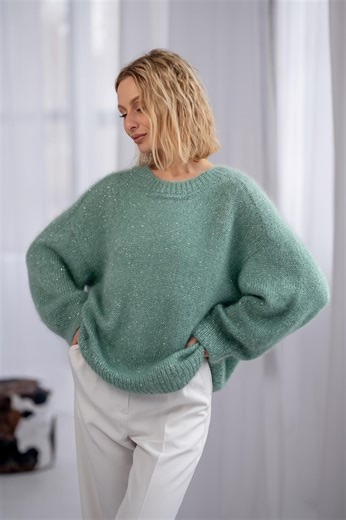 Mohair Silk Sweater With Sequins - Handmade Knit Sweater, Size L, Soft Mint Green Oversized Sweater - Etsy