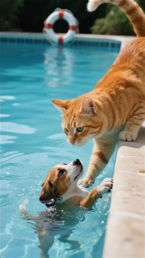 🙀💖🤣(OC-020) True Hero! 🐈‍⬛ Rescue Puppy from Pool & Sweet Comfort! 🐶❤️ #HeroCat #Heartwarming #Pets