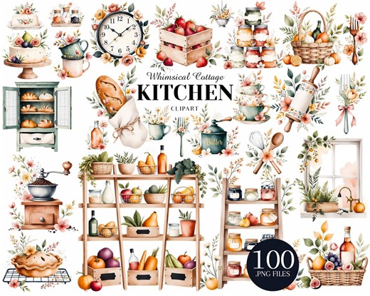 Cottage Kitchen Clipart, Whimsical Kitchen PNG, Cottagecore Food Illustrations - Etsy