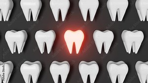 Toothache 3D rendering animation on grey background. White healthy teeth pattern molar tooth with pain National Dentist's Day Wisdom teeth extraction Oral care recovery. Dental Insurance Dentistry