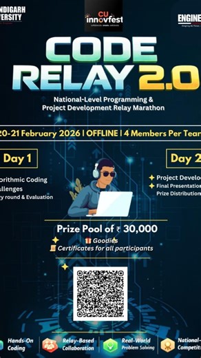 CU Engineering Community on Instagram: "Code Relay 2.0 | InnoFest – Chandigarh University An exciting coding challenge where teams solve problems in a relay process, passing code from one participant to another. 🏆 Prize Pool worth ₹30,000 Innovation, teamwork, and competitive coding at its best. Vc :_dan__745 #cuengineeringcommunity #chandigarhuniversity #engineeringexcellence #coderelay"