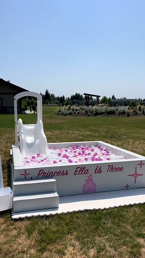 Lush ball pit with large slide for this Disney princess themed birthday party!