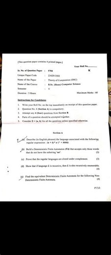 Theory of Computation Question paper 2025 DU, BSc Computer Science #questionpaper #delhiuniversity