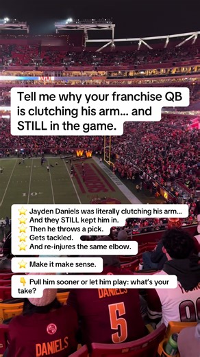 It’s hard to watch a QB fight through pain like that — especially when it’s clear something isn’t right. Jayden Daniels was already dealing with an elbow injury, and you could see him holding that arm between plays. Yet Washington kept him in the game. Then the interception happens. Then the tackle. And now the elbow is re-aggravated again. Fans are split. Some say this is football — you play through it and grow through it. Others say it’s reckless to risk the long-term health of your franchise 