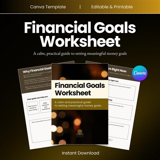 Financial Goals Worksheet, Goal Setting Workbook, Money Planning Printable, Personal Finance Planner, Editable Canva PDF