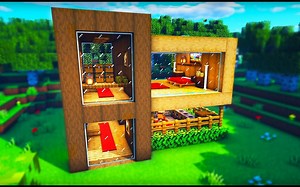 Minecraft- Wooden Modern Survival House - How to build a Cool Wooden House Tutor