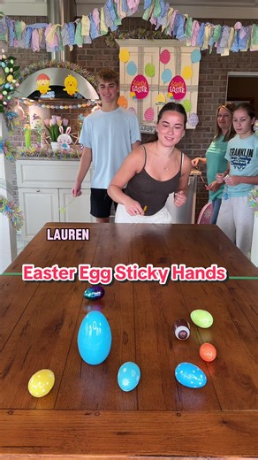 Who will be the luckiest in the Easter egg sticky hands challenge?? #familygamenight #familyfun #gameswithfriends #eastergames