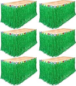 Fovths 6Pcs Luau Grass Table Skirt, Green, 9 Feet x 29.5 Inch | Hawaiian Party Decorations, Luau Decorations, Hawaiian Table Cloths, Hawaiian Decorations for Party, Tropical, Natural