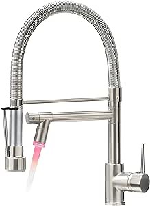 Fapully Kitchen Faucets with Pull Down Sprayer,Commercial Single Handle Kitchen Sink Faucet with LED Light,Brushed Nickel
