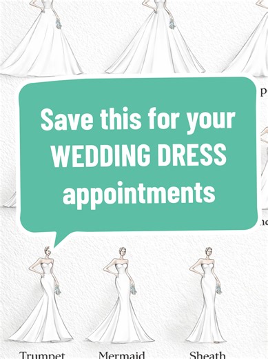 Save this guide for your dress appointments—these are the most common wedding dress shapes and what they’re best for: ✨ A-line = flattering on almost everyone, classic effortless ✨ Ball gown = dramatic “princess” volume, tiny-waist moment ✨ Drop-waist = couture feel, lengthens the torso, fashion-forward ✨ High-low = fun modern, shows off shoes (perfect for Vegas) ✨ Empire = soft romantic, comfy with a floaty waistline ✨ Fit-and-flare = curves without full mermaid drama ✨ Trumpet = fitted through
