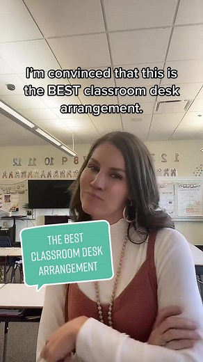 Are you team group or rows when it comes to classroom desk arrangements? I’ve tried both this year, and this desk arrangement has been the best when it comes to managing my chatty and busy students. #classroommanagementonpoint #classroommanagement #elementaryteachertok #classroomdesks #classroomlayout #deskarrangement #teachertipoftheday #teachertipsandtricks