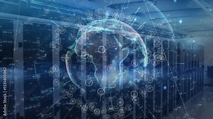 Rack row shot initiating holographic globe rotating, adding nodes and showing data connectivity