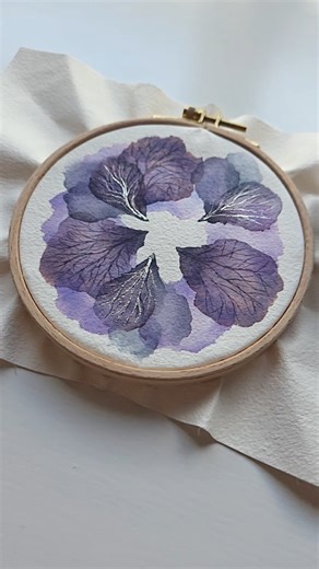 Iryna Kirpisheva on Instagram: "I absolutely adore clear flowers. I used granulation watercolors ones in these hydrangea flowers 🌸 and drop of metallic watercolor🎨 A hoop is an unusual way to stretch paper😉And also, it's so cute🥰 paper: @baohongpaper.id brush: @princentonbrushes . . . . . #watercolor_guide #watercolor #watercolorflower #transparentflowers#watercolor #watercolorflower #watercoloflowers #hydrangea #watercolorpainting #transparentwatercolor #transpar