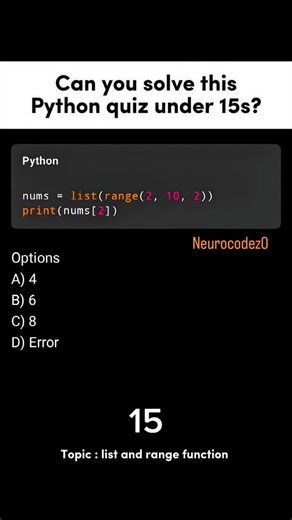 Shobhit Kumar on Instagram: "⚡Daily Python Challenge⚡ Comment your answer now ⬇️ — fastest coder gets pinned 🏆 Ready to level up your coding game? 🚀 “Brands: DM ‘Promo’ for collaboration” Follow @neurocodez0 #neurocodez0 #PythonCoding #PythonProgramming #LearnPython #DailyPython #CodeChallenge #PythonMCQ #PythonDeveloper #PythonForBeginners #CodeDaily #100DaysOfCode #programminglife #CodingQuiz"