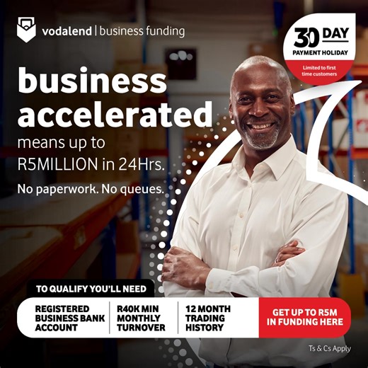 Go from covering expenses to investing in growth with VodaLend Business Funding. That's Business Accelerated. Here’s what you need to qualify: ✔️ Registered business operating for at least 12 consecutive months ✔️ Active business bank account ✔️ R40k monthly turnover Apply now. Ts&Cs apply. | Vodacom