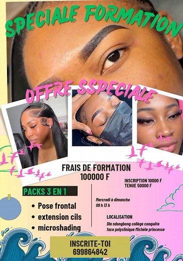 🩷🩷🩷 DEVENIR PROFESSIONNELLE DE LA BEAUTÉ EN 6 SEMAINES ? C’EST MAINTENANT ! 🔥 OFFRE PROMOTIONNELLE LIMITÉE – FO🩵🩵RMATION À DOUALA 🔥 📍 Lieu : Ndongbong, Collège Conquête (face Polyclinique Michèle Princesse) Choisis ton pack et démarre ta carrière : 💼 🩵PACK 1 – Pose Frontal – Extension de cils à cils – Microshading ✅ 🩷Matériel fourni 💰 100.000 F seulement ! 💼 P🩵ACK 2 – Pose Frontal – Extension de cils – Onglerie ✅ 🩷Matériel fourni 💰 100.000 F également ! 📅 Durée : 6 semaines 🕘 D