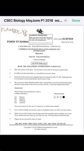 #CSEC Biology Paper 01 May/June 2018. Solutions by us.