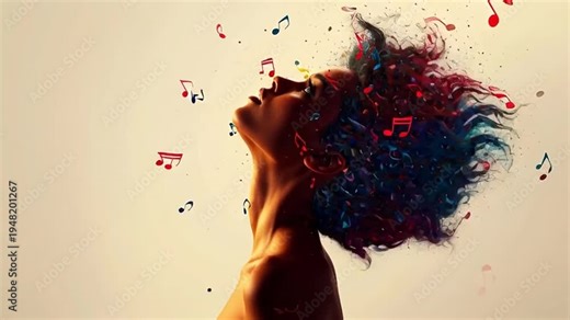 Vibrant music notes burst from a woman's head in a colorful explosion of emotions and sound.
