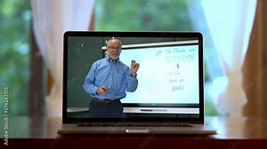 Online teacher communicating via remote learning school student by webcam conference call. Internet tutor teaching hybrid web class. E learning from home concept.