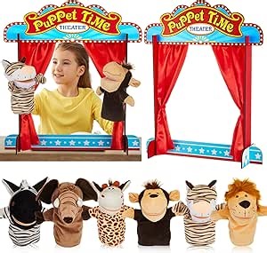 7 Pcs Wooden Puppet Show Theater Animal Hand Set Puppet Show Stage Puppets Soft Animal Puppets