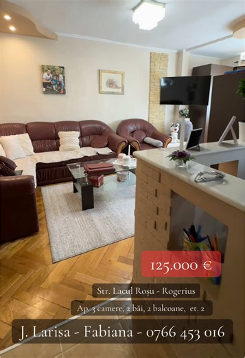 #creatorsearchinsights Locație bună, compartimentare perfectă și lumină naturală în fiecare cameră. Apartament cu 3 camere, 2 băi și 2 balcoane, situat la etajul 2 – Str. Lacul Roșu, Rogerius. Un spațiu ideal pentru cei care vor confort, funcționalitate și acces la tot ce contează. Preț: 125.000 € neg J. Larisa-Fabiana - 0766 453 016 Compartimentare: Living – 22,17 mp Dormitor 1 – 11,63 mp balcon 4,96 mp Dormitor 2 – 12,14 mp balcon 12,75 mp Hol – 8,21 mp Baie principală – 4,44 mp Baie secundară