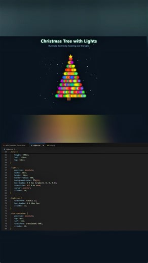 She Codes Mx on Instagram: "Creé un árbol de Navidad interactivo donde cada foco se enciende al pasar el mouse ✨ Todo está hecho desde cero con HTML, CSS y JavaScript, usando hover, transiciones suaves y efectos de glow para que el árbol cobre vida de forma mágica. Un pequeño detalle interactivo que demuestra cómo el código también puede ser festivo y creativo 🎁💡 ¿Le agregarías nieve, música o animaciones automáticas? 👀👇 #HTML #CSS #JavaScript #Frontend #CreativeCoding #WebAnimation #SheCode
