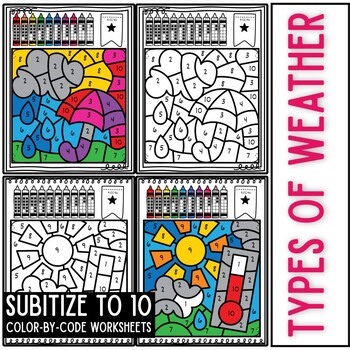 Kindergarten & 1st Grade Subitizing Worksheets – Weather Theme Color-by-Code