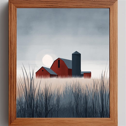 Rustic Red Barn and Silo Printable - Modern Farmhouse Art, Moody Minimalist Digital Illustration, Neutral Landscape With Wheat Fields 2 - Etsy