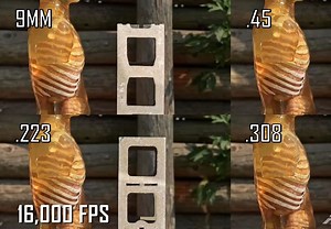 高速摄影下的各型子弹（9mm, .45, 5.56, 7.62, 12.7)