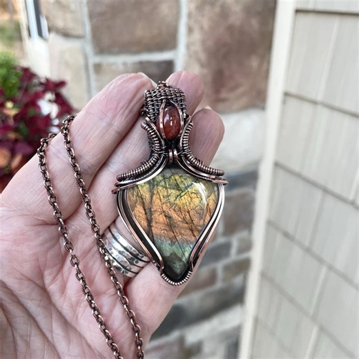 Orange Yellow Blue Labradorite & Sunstone Wire Wrapped Copper Pendant, Spectrolite Crystal Woven Necklace - Etsy