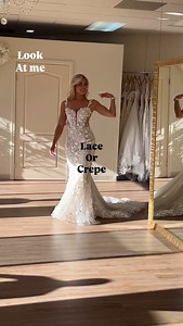 126K views · 3.7K reactions | Two of our best fitting and hot selling gowns. Gown 1: features a Spanx like lining that will hug the body in all the right places. The intricate floral lace and sparkle are perfect for a touch of glam. Gown 2: features an amazing corset and a top notch construction. The crepe fabric radiates bridal elegance. #glambride #elegantwedding #elegantbride #laceweddingdress #crepeweddingdress #bridalgown #bridalgowns | Flares bridal | Facebook