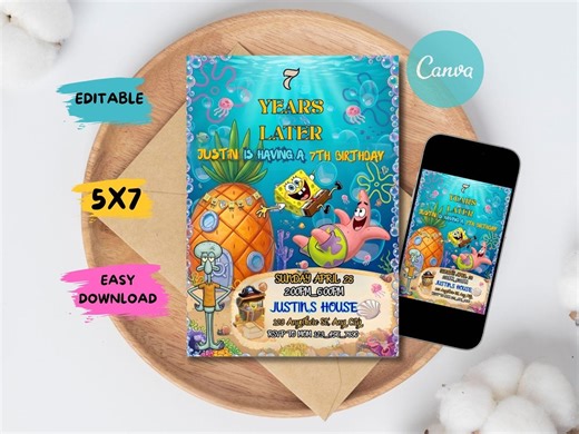 Cartoon Sponge Birthday Invitation |spongebob Birthday Invitation |editable Kids Party Template |under the Sea Party (digital Download) - Etsy