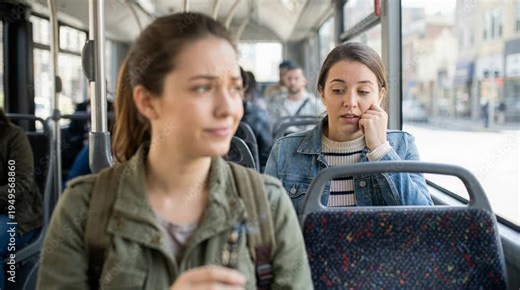 Woman uses vape on bus while another passenger reacts to the smoke in a public transport setting