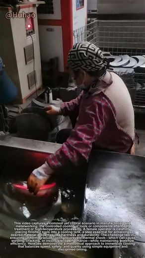 Industrial Cooling Process: Woman Operator Handling Tools in Cooling Tank | Factory Production Line