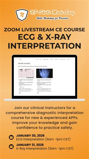 📣 Mark your calendar for January 30–31, 2026! Join our Zoom Livestream ECG & X-Ray Interpretation course—two mornings (9 am–1 pm CST) of focused, instructor-led learning designed to build your confidence reading diagnostics. This course is ideal for new APPs or anyone looking to sharpen their interpretation skills. 🧠 What You’ll Learn ✔️ ECG Interpretation (Thursday, Jan 30—9 am–1 pm CST) • Fundamentals of reading and interpreting ECGs — from basic rhythms to clinically relevant findings. • Ke