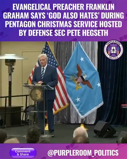 DaMon Cortez on Instagram: "On December 17, 2025, evangelical preacher Franklin Graham delivered a sermon at the first-ever Pentagon Christmas Worship Service, hosted by Secretary of War Pete Hegseth. During the event, Graham told the audience of military and civilian personnel that while God is a God of love, He is also a “God of war” who “also hates”. Key Remarks from Franklin Graham On God’s Nature: Graham stated, “We know that God loves, but did you know that God also hates? Do you know that