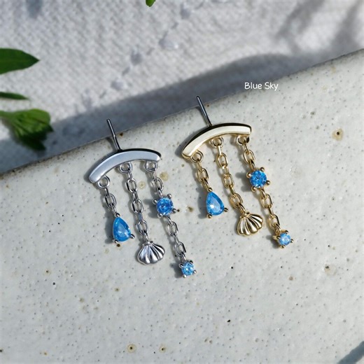 Designed for Vertical Helix Piercing/925 Silver Helix Chain Earring 18K Plated/ Ocean Blue CZ Earring/ Threadless Push in Hidden Rook Stud - Etsy