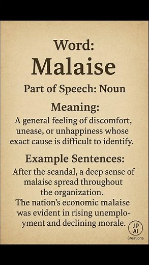 Malaise (/məˈleɪz/) (Noun): A general feeling of discomfort, unease, or unhappiness whose exact...